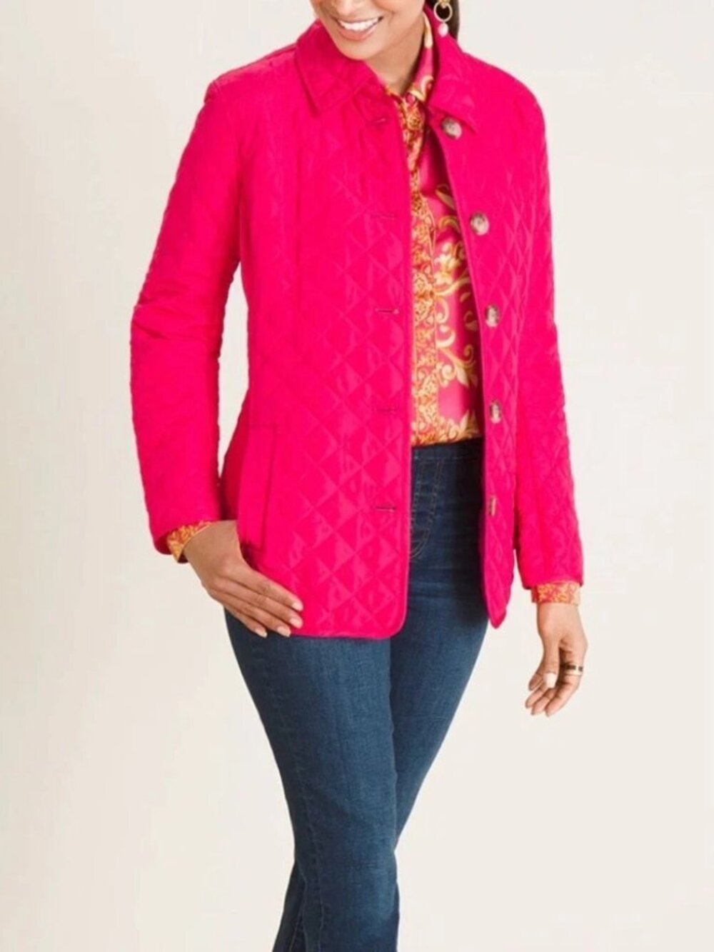 EUC Chico’s Quilted Diamond Stitch Lightweight Jacket Pink Size 12/14